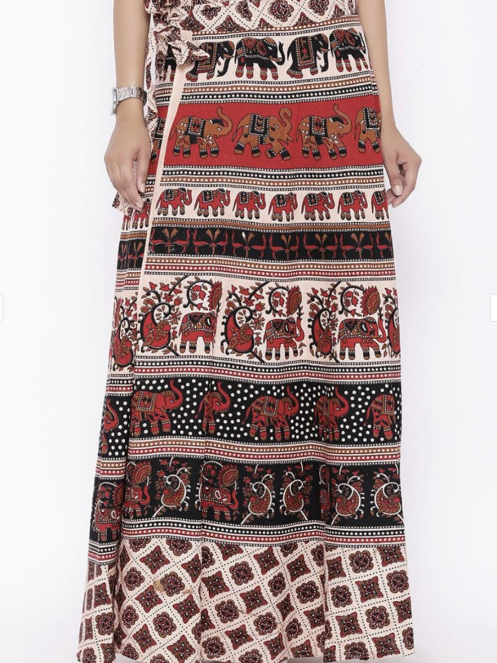Printed Pure Cotton Wrap Maxi Skirt Red Black Elephant Boho Flared One Size